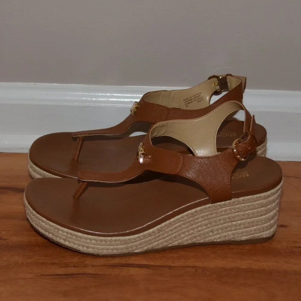 MICHAEL KORS LANEY LOGO ESPADRILLE WEDGE SANDALS LUGGAGE SIZE 8 MSRP $165.00